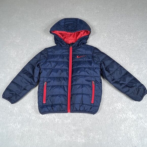 Nike Jacket Little Boys Size 3T 2-3Yrs Blue Red Puffer Zip Hooded Jacket Coat - Picture 1 of 10